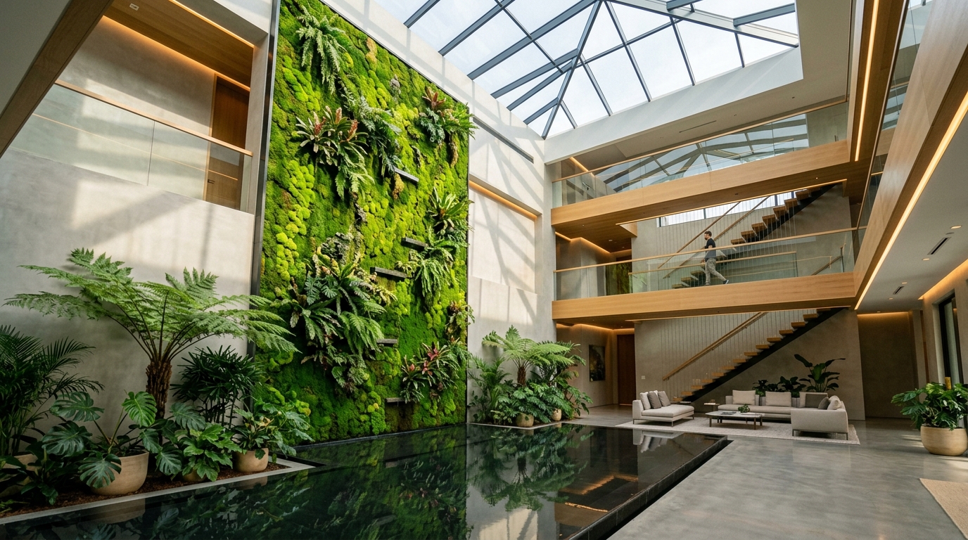 Biophilic Grand Atriums: Integrating Living Vertical Rainforest Walls and Kinetic Skylights
